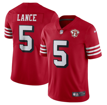 Men's San Francisco 49ers #5 Trey Lance 2021 Scarlet 75th Anniversary Alternate Vapor Untouchable Stitched NFL Jersey